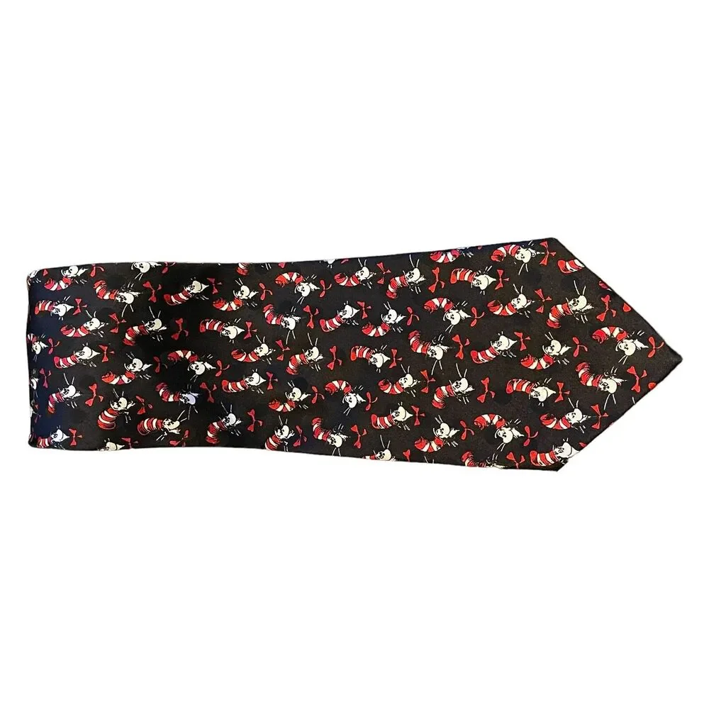 DR SEUSS Cat in the Hat Mens Vintage 100% Silk Neck Tie Black Cartoon Novelty
